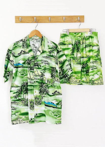 Beach Blue Button Print Shirt and Shorts Cotton Two Piece Set Short Sleeve Hg052