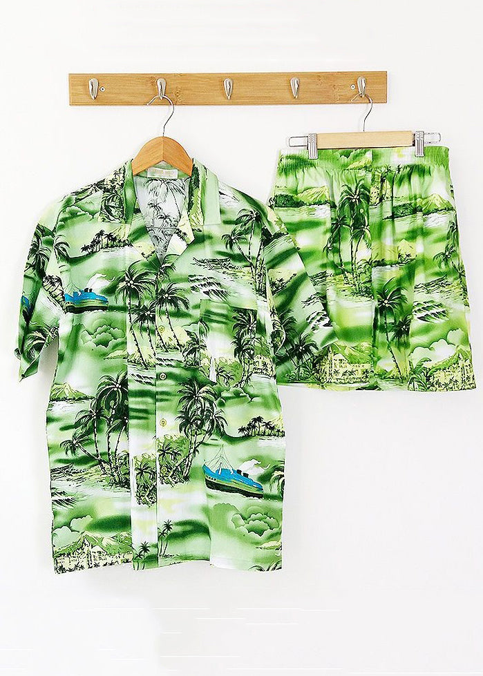 Beach Blue Button Print Shirt and Shorts Cotton Two Piece Set Short Sleeve Hg052