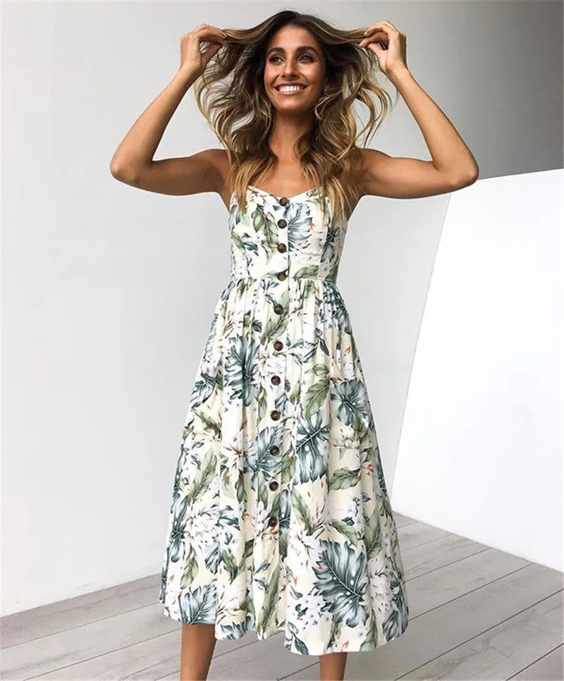 Beach Printing Suspenders Robe V-neck Seeveless Vestiti Donna Midi Dresses