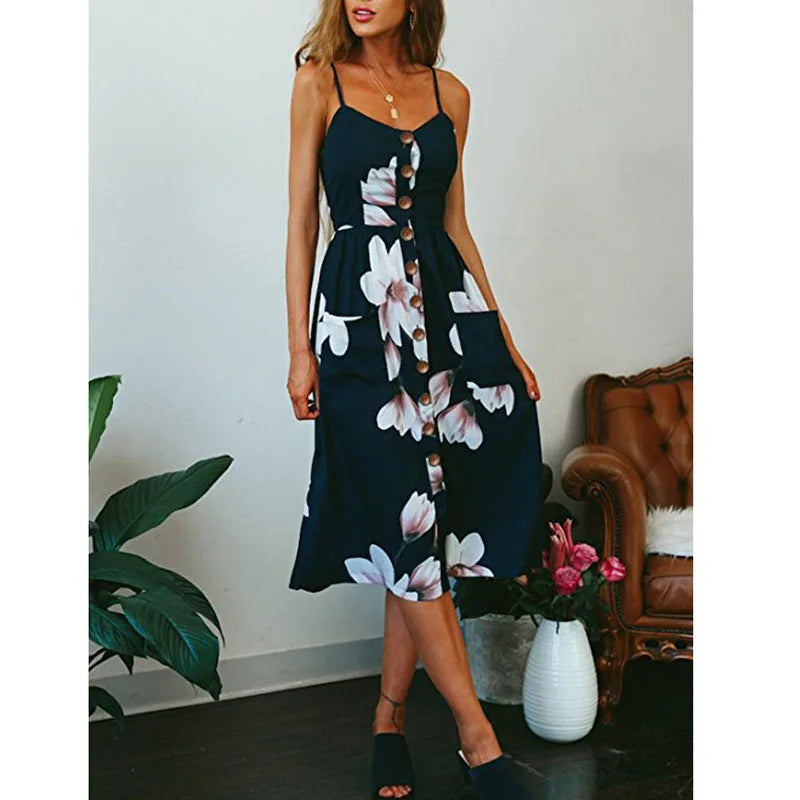 Beach Printing Suspenders Robe V-neck Seeveless Vestiti Donna Midi Dresses