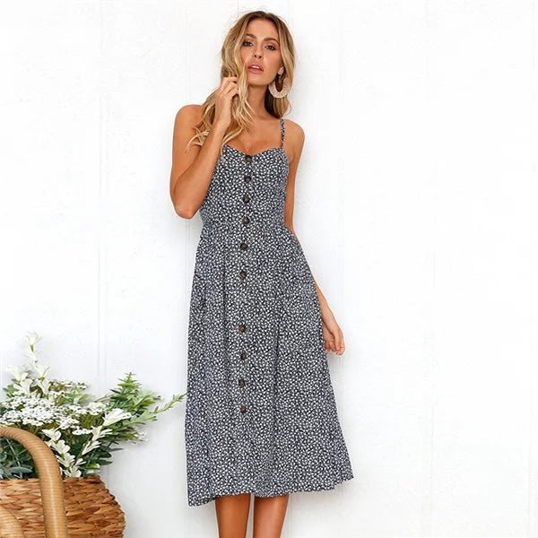 Beach Printing Suspenders Robe V-neck Seeveless Vestiti Donna Midi Dresses