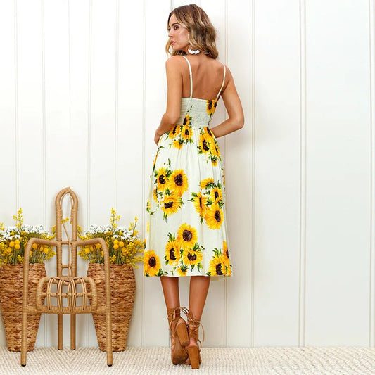 Beach Printing Suspenders Robe V-neck Seeveless Vestiti Donna Midi Dresses