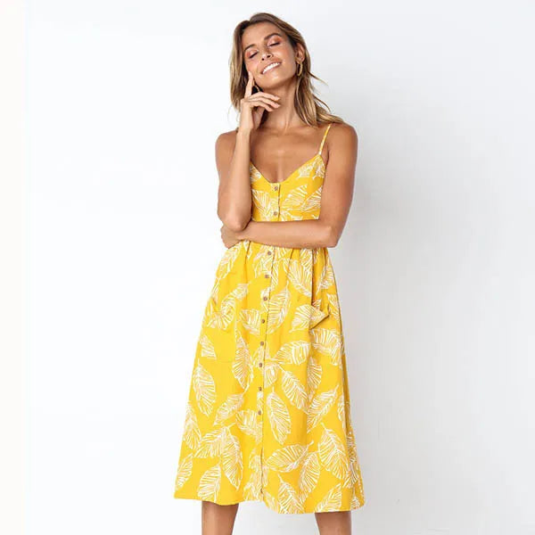Beach Printing Suspenders Robe V-neck Seeveless Vestiti Donna Midi Dresses