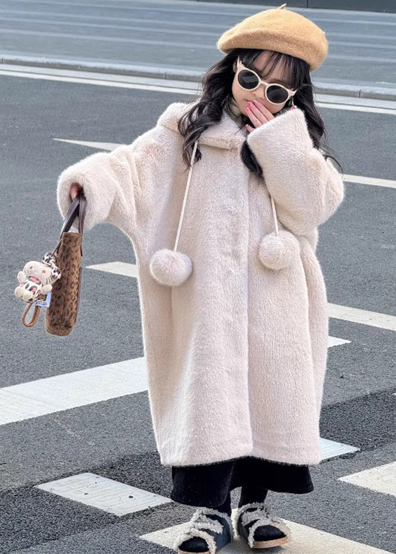 Apricot Fuzzy Ball Decorated Mink Velvet Hoodies Long Coats Winter Tg021