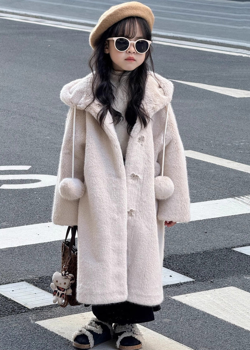 Apricot Fuzzy Ball Decorated Mink Velvet Hoodies Long Coats Winter Tg021