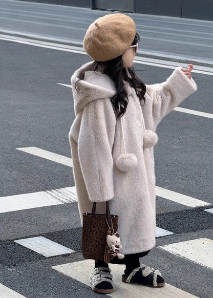 Apricot Fuzzy Ball Decorated Mink Velvet Hoodies Long Coats Winter Tg021