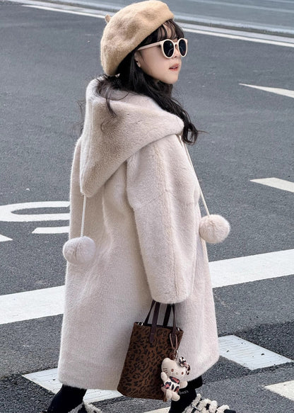 Apricot Fuzzy Ball Decorated Mink Velvet Hoodies Long Coats Winter Tg021