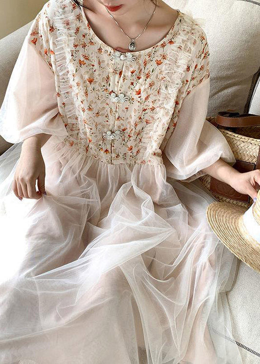 Apricot O-neck Embroideried Tulle Patchwork Maxi Dresses Half Sleeve Ti1054