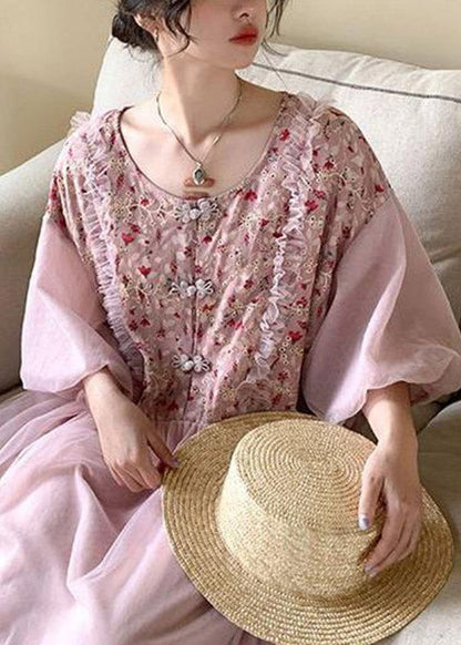 Apricot O-neck Embroideried Tulle Patchwork Maxi Dresses Half Sleeve Ti1054