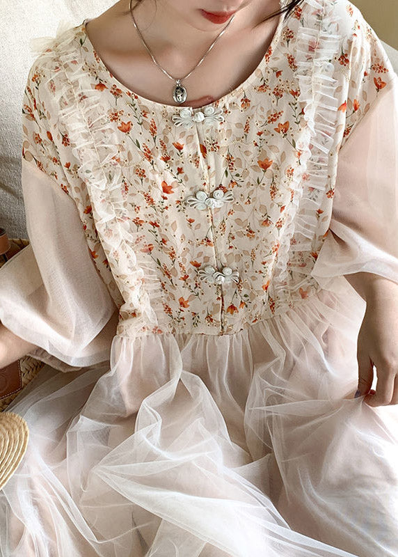 Apricot O-neck Embroideried Tulle Patchwork Maxi Dresses Half Sleeve Ti1054