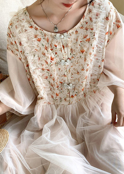 Apricot O-neck Embroideried Tulle Patchwork Maxi Dresses Half Sleeve Ti1054