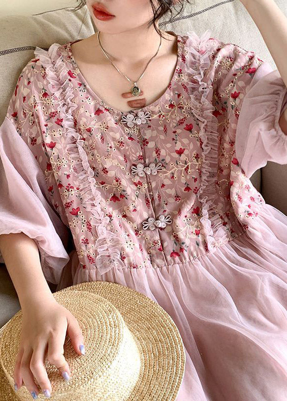 Apricot O-neck Embroideried Tulle Patchwork Maxi Dresses Half Sleeve Ti1054