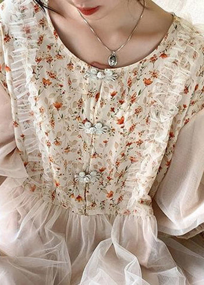 Apricot O-neck Embroideried Tulle Patchwork Maxi Dresses Half Sleeve Ti1054
