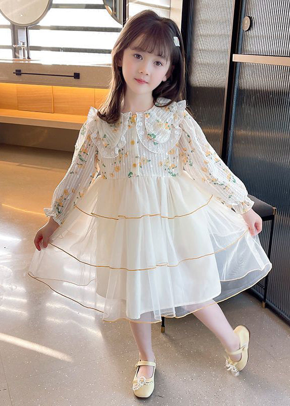 Apricot Peter Pan Collar Patchwork Tulle Long Dresses Long Sleeve Ss1040