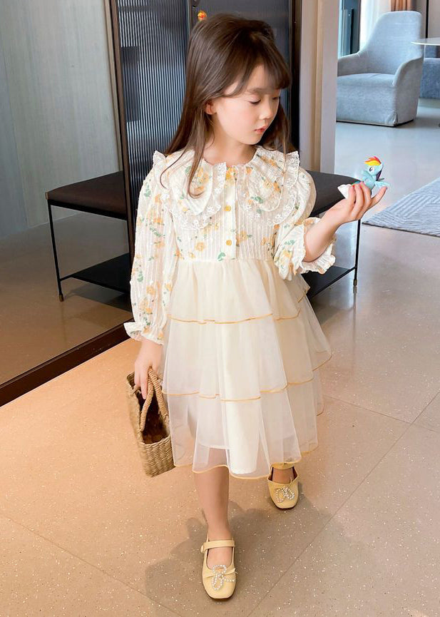 Apricot Peter Pan Collar Patchwork Tulle Long Dresses Long Sleeve Ss1040