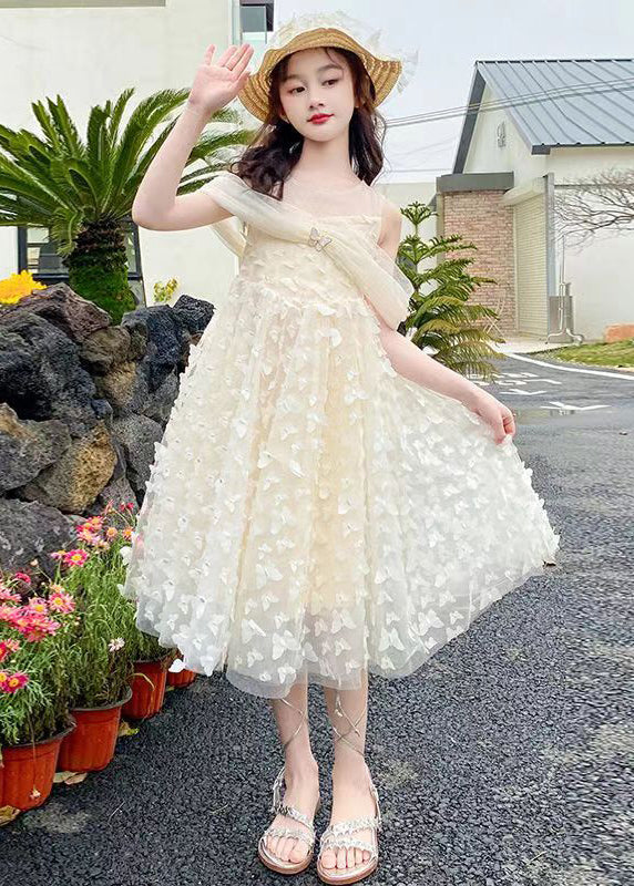 Beige O-neck Butterfly Tulle Long Dresses Summer Tt033