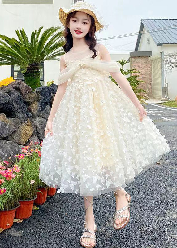 Beige O-neck Butterfly Tulle Long Dresses Summer Tt033