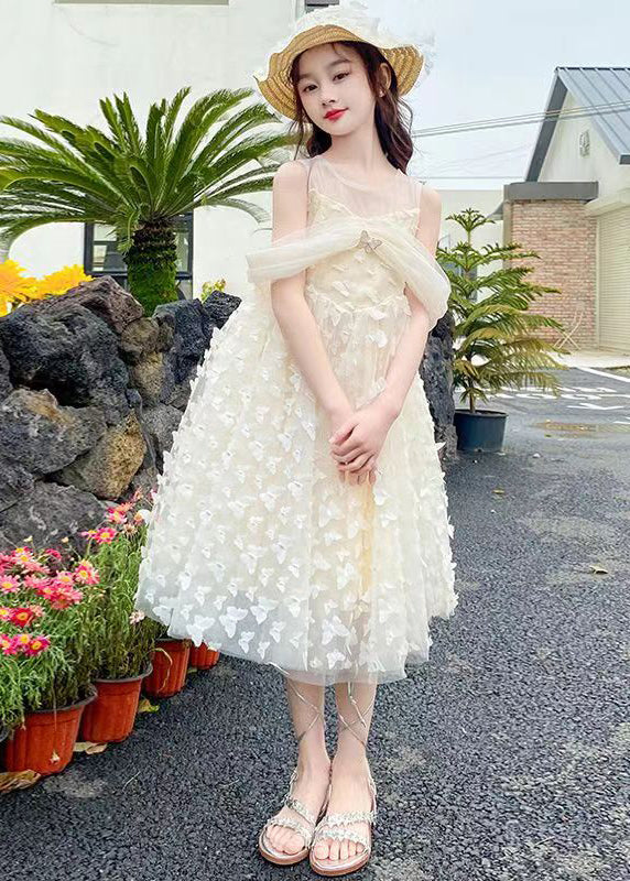 Beige O-neck Butterfly Tulle Long Dresses Summer Tt033