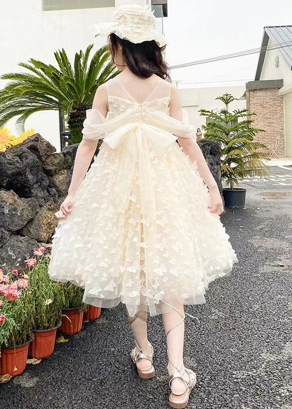Beige O-neck Butterfly Tulle Long Dresses Summer Tt033
