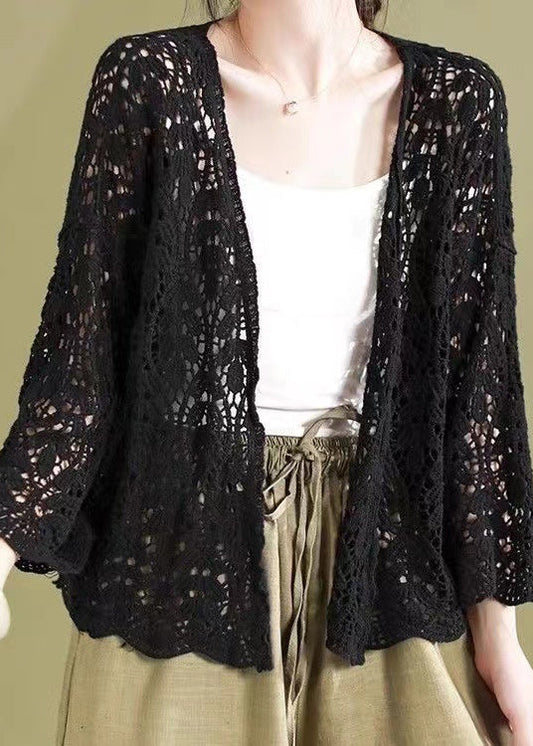 Black Hollow Out Knit Loose Cardigans Summer Wn011