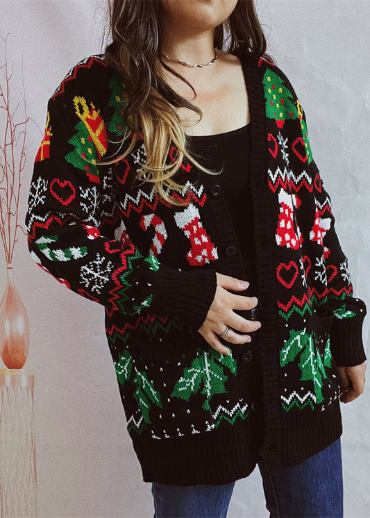 Black V Neck Jacquard Knit Cardigan Fall Qy016