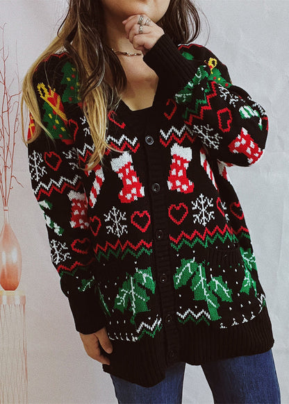 Black V Neck Jacquard Knit Cardigan Fall Qy016