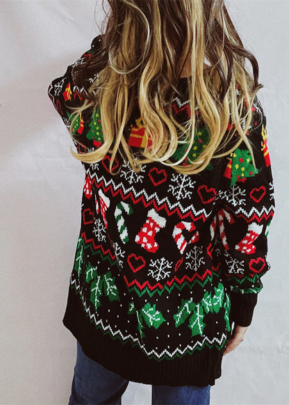 Black V Neck Jacquard Knit Cardigan Fall Qy016
