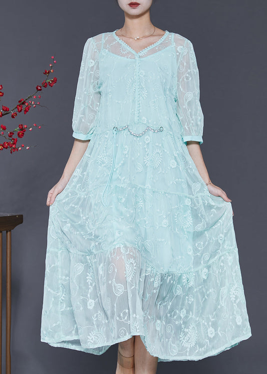 Blue Embroidered Silk Long Dress Half Sleeve Sd1005