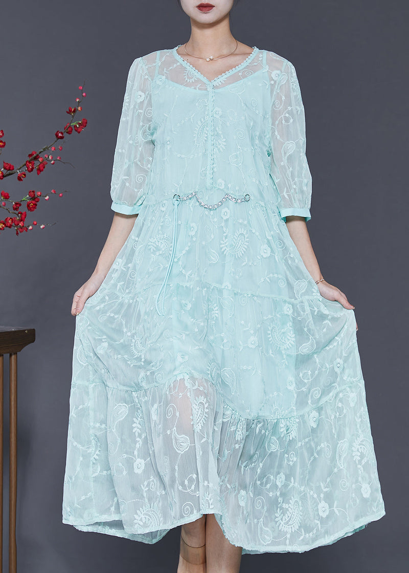 Blue Embroidered Silk Long Dress Half Sleeve Sd1005