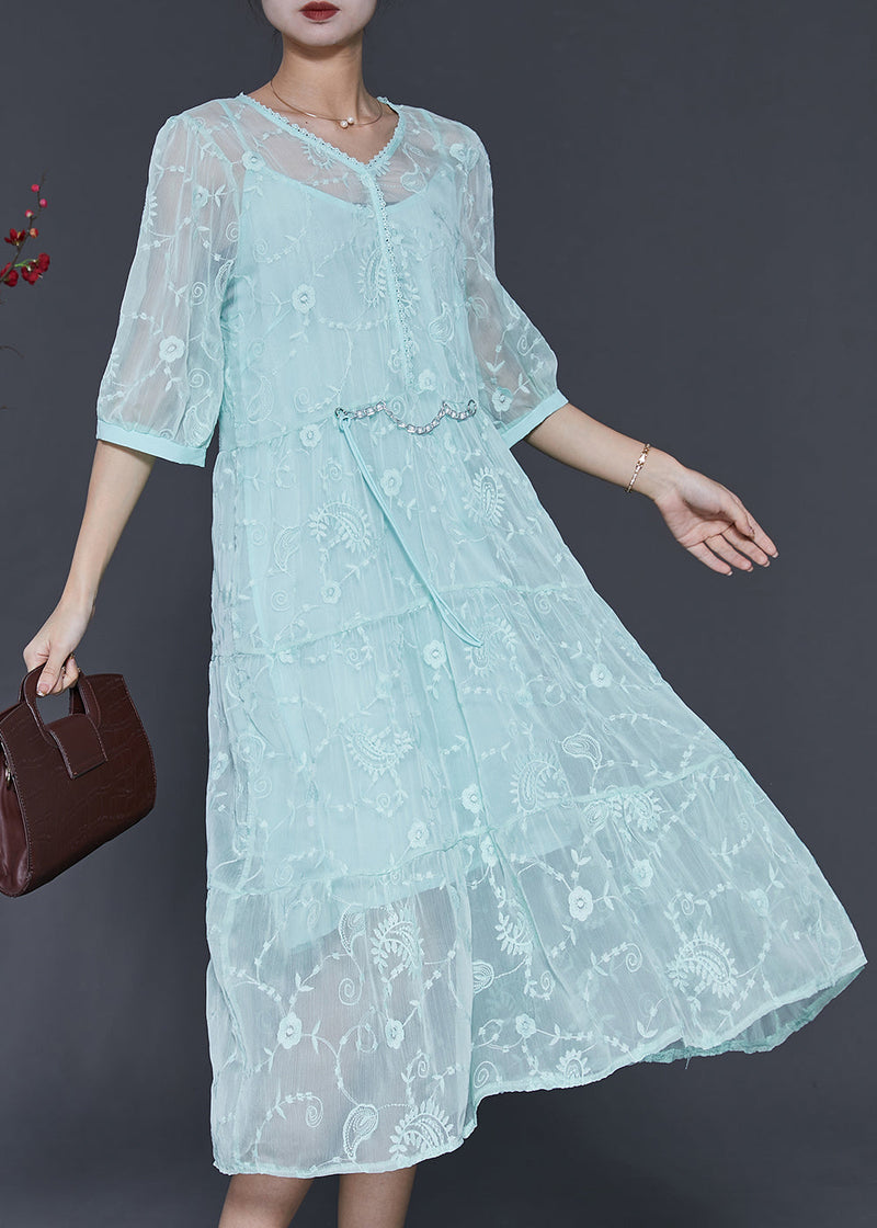 Blue Embroidered Silk Long Dress Half Sleeve Sd1005