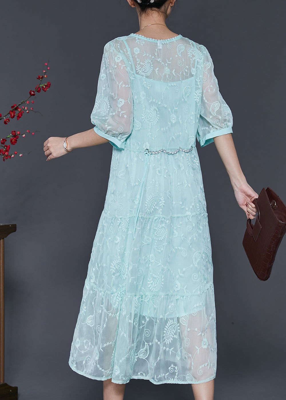 Blue Embroidered Silk Long Dress Half Sleeve Sd1005