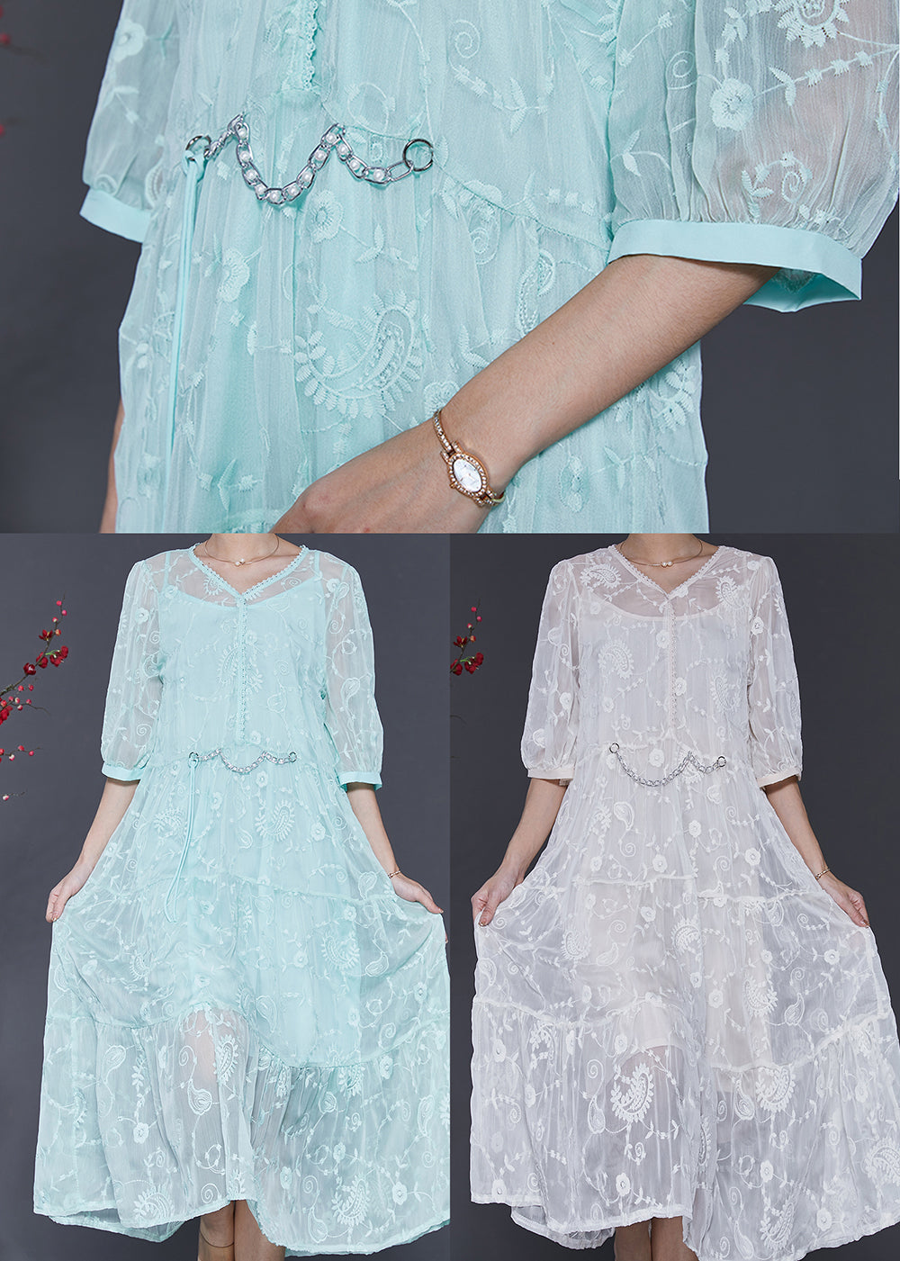 Blue Embroidered Silk Long Dress Half Sleeve Sd1005