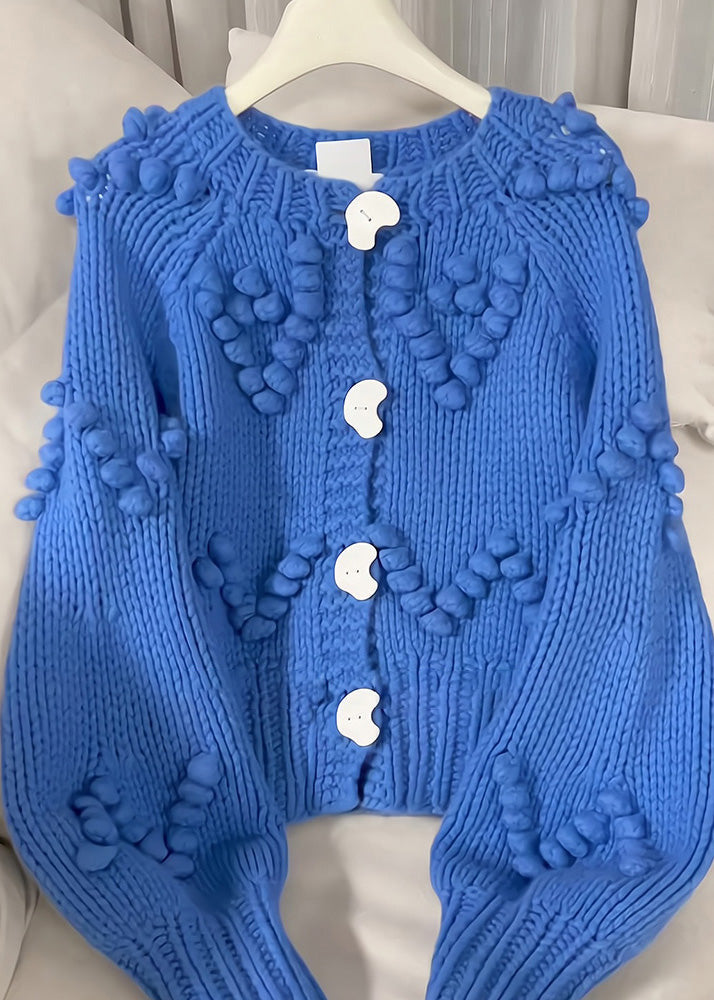 Blue O-neck Button Cotton Knit Cardigan Fall Rk012