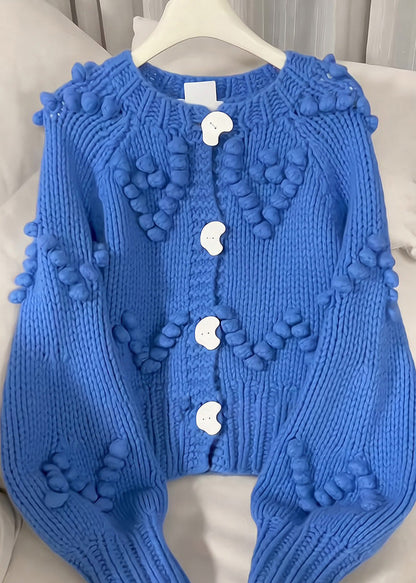 Blue O-neck Button Cotton Knit Cardigan Fall Rk012