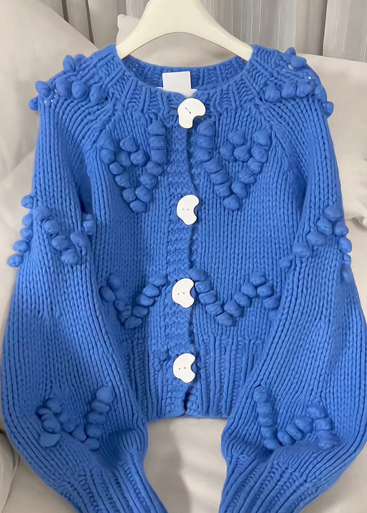 Blue O-neck Button Cotton Knit Cardigan Fall Rk012