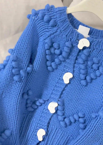 Blue O-neck Button Cotton Knit Cardigan Fall Rk012
