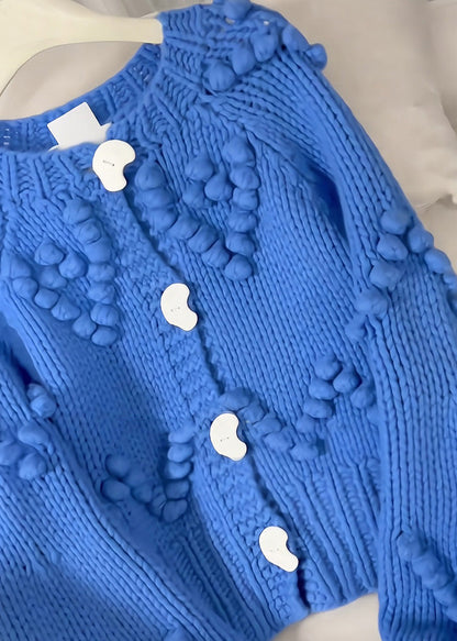 Blue O-neck Button Cotton Knit Cardigan Fall Rk012