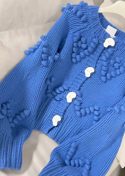 Blue O-neck Button Cotton Knit Cardigan Fall Rk012