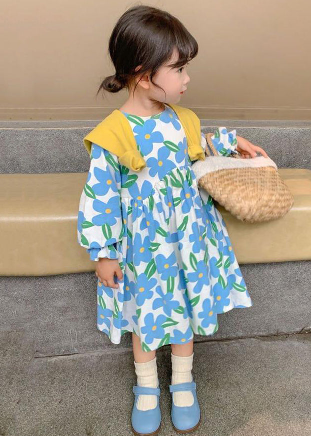 Blue O Neck Print Cotton Long Dress Long Sleeve Xz089