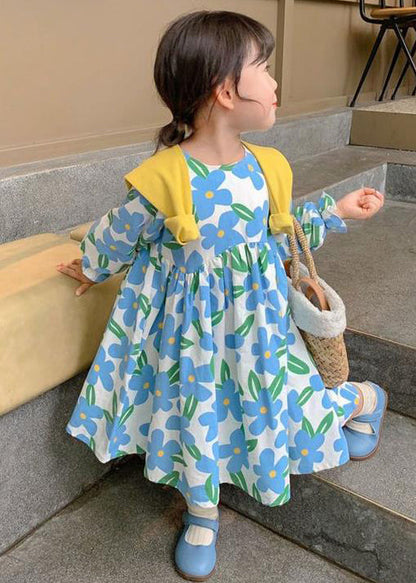 Blue O Neck Print Cotton Long Dress Long Sleeve Xz089