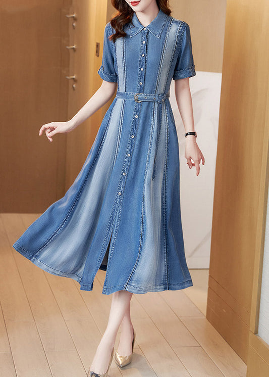 Blue Peter Pan Collar Patchwork Sashes Silk Denim Long Dress Short Sleeve Ac2024
