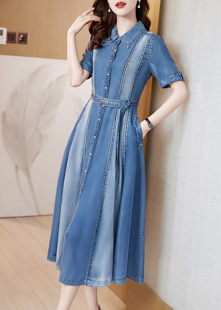 Blue Peter Pan Collar Patchwork Sashes Silk Denim Long Dress Short Sleeve Ac2024