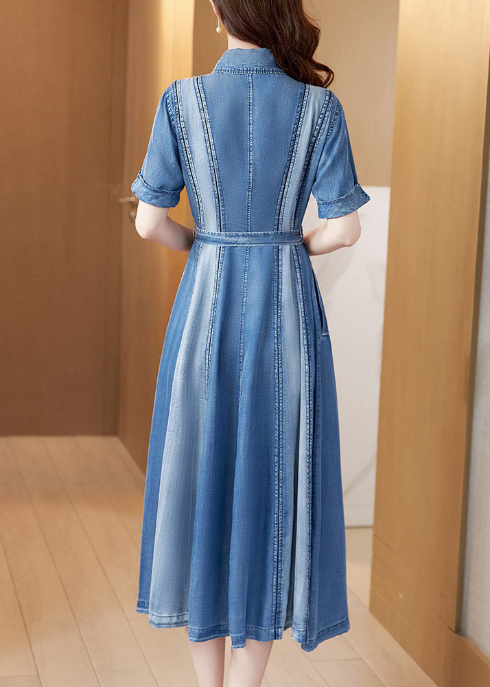 Blue Peter Pan Collar Patchwork Sashes Silk Denim Long Dress Short Sleeve Ac2024