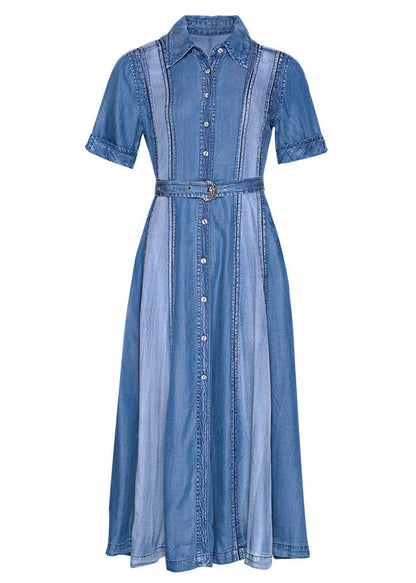 Blue Peter Pan Collar Patchwork Sashes Silk Denim Long Dress Short Sleeve Ac2024