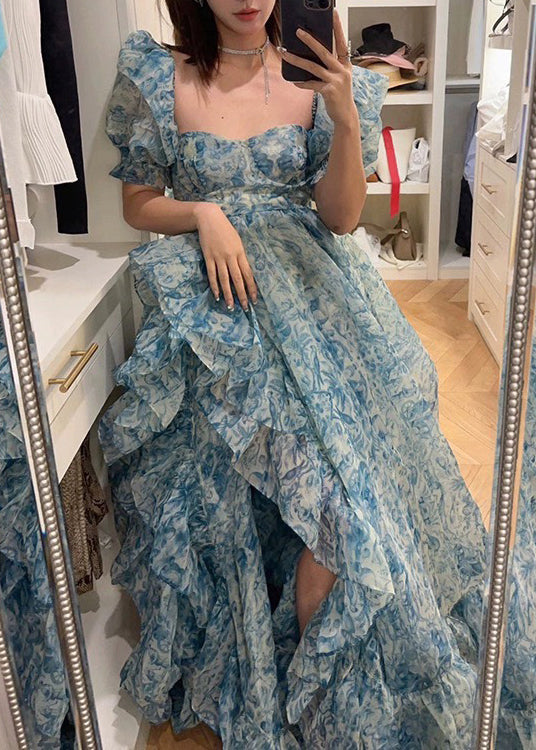 Blue Print Ruffled Side Open Chiffon Maxi Dresses Summer Xx041
