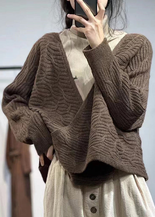 Coffee V Neck Button Cotton Knit Coats Fall Oo007
