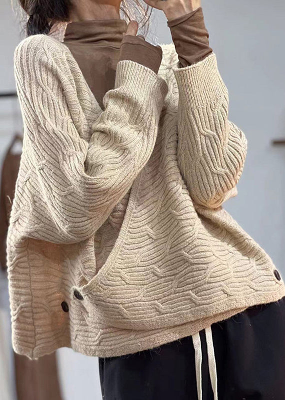 Coffee V Neck Button Cotton Knit Coats Fall Oo007
