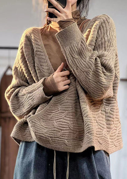 Coffee V Neck Button Cotton Knit Coats Fall Oo007