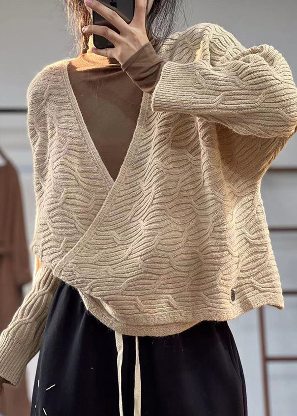 Coffee V Neck Button Cotton Knit Coats Fall Oo007
