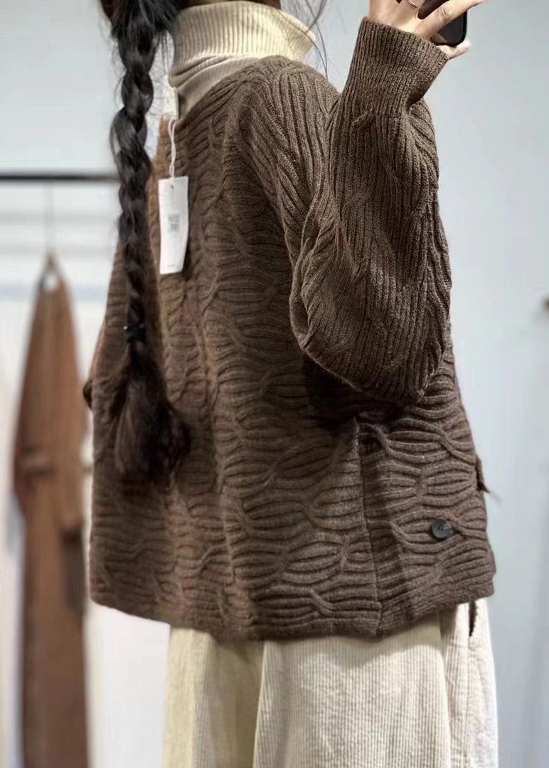 Coffee V Neck Button Cotton Knit Coats Fall Oo007